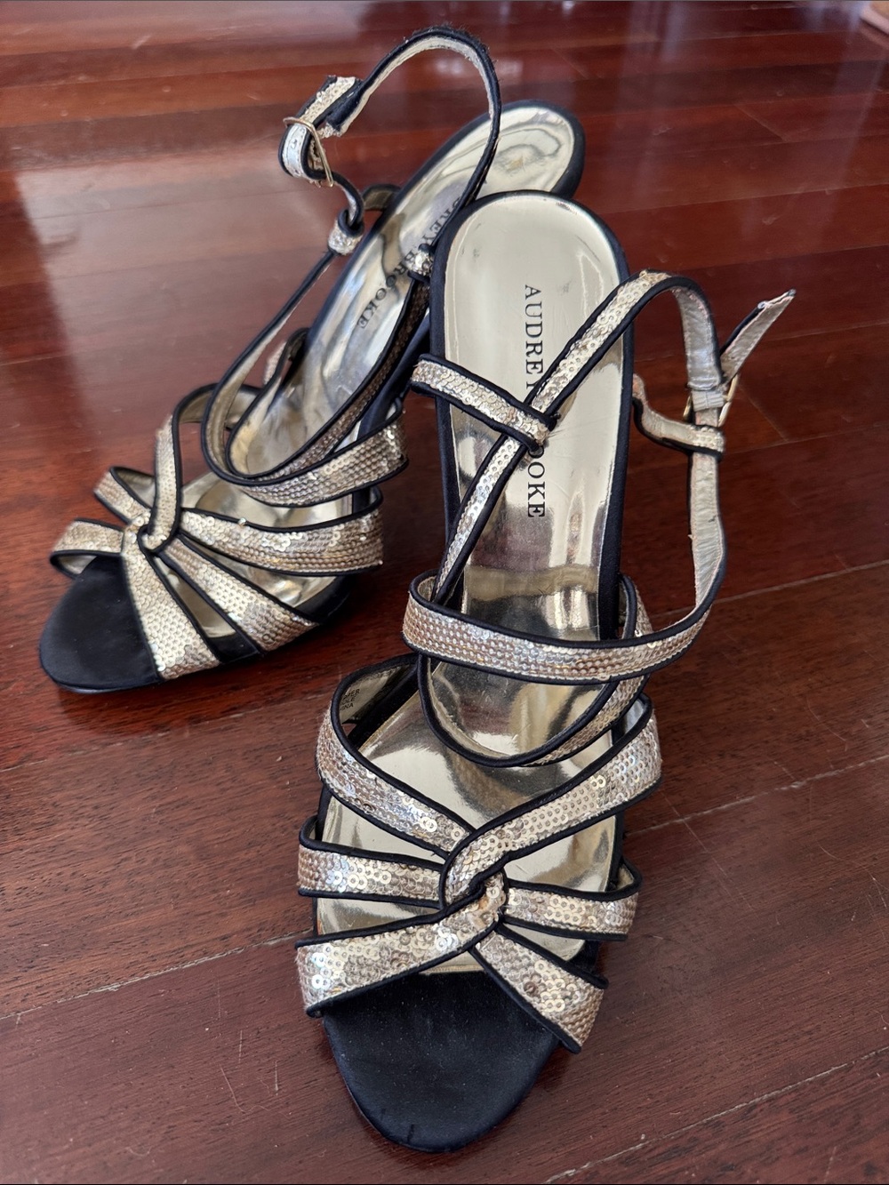Audrey Brooke Gold Sequin Strappy Sandals with Black Trim